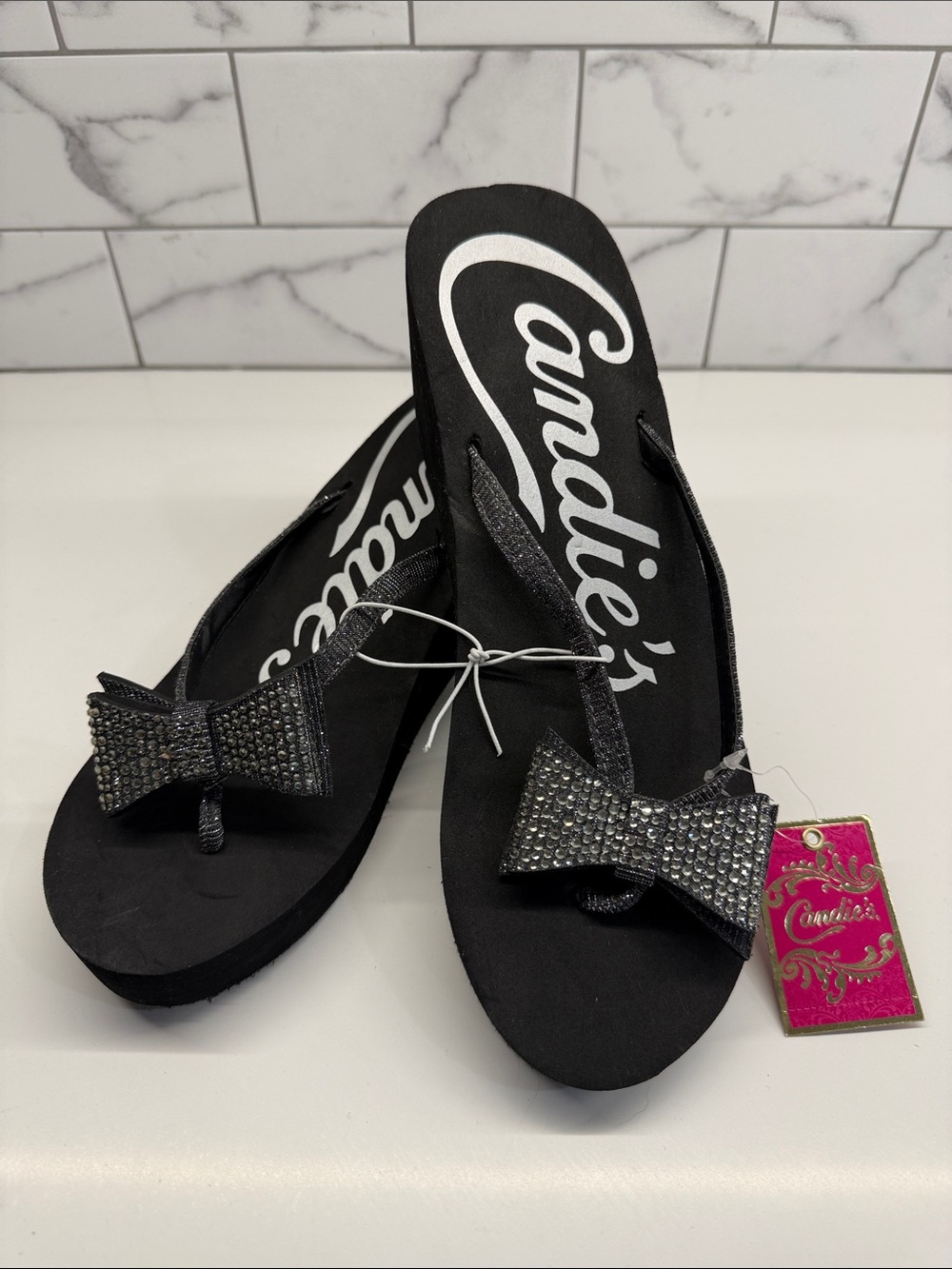 Candie's Black Rhinestone Bow Flip Flops with heel